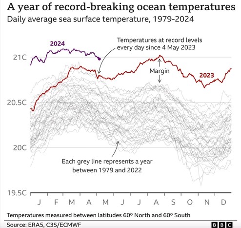 The image shows a graph titled "A year of record-breaking ocean temperatures, Daily average sea surface temperature, 1979-2024." It tracks daily average sea surface temperatures between the latitudes of 60 degrees North and 60 degrees South, from 1979 through 2024.

The graph features many lines: each grey line represents the sea surface temperature for one year from 1979 to 2022. The years 2023 and 2024 are highlighted in distinct colors. The 2023 line is in red, showing a consistent trend abo…
